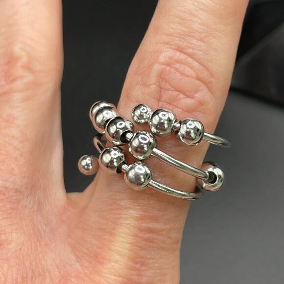 Boho Spiral Fidget and Anxiety Ring Floating Silver Tone Balls Adjustable #1362 - Picture 3 of 8